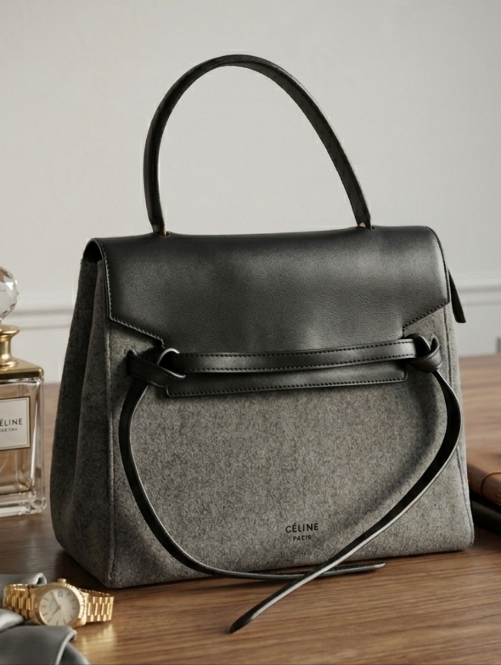 Celine Micro Belt Bag Grey Felt Black Leather - Phoebe Philo Era Modern Classic